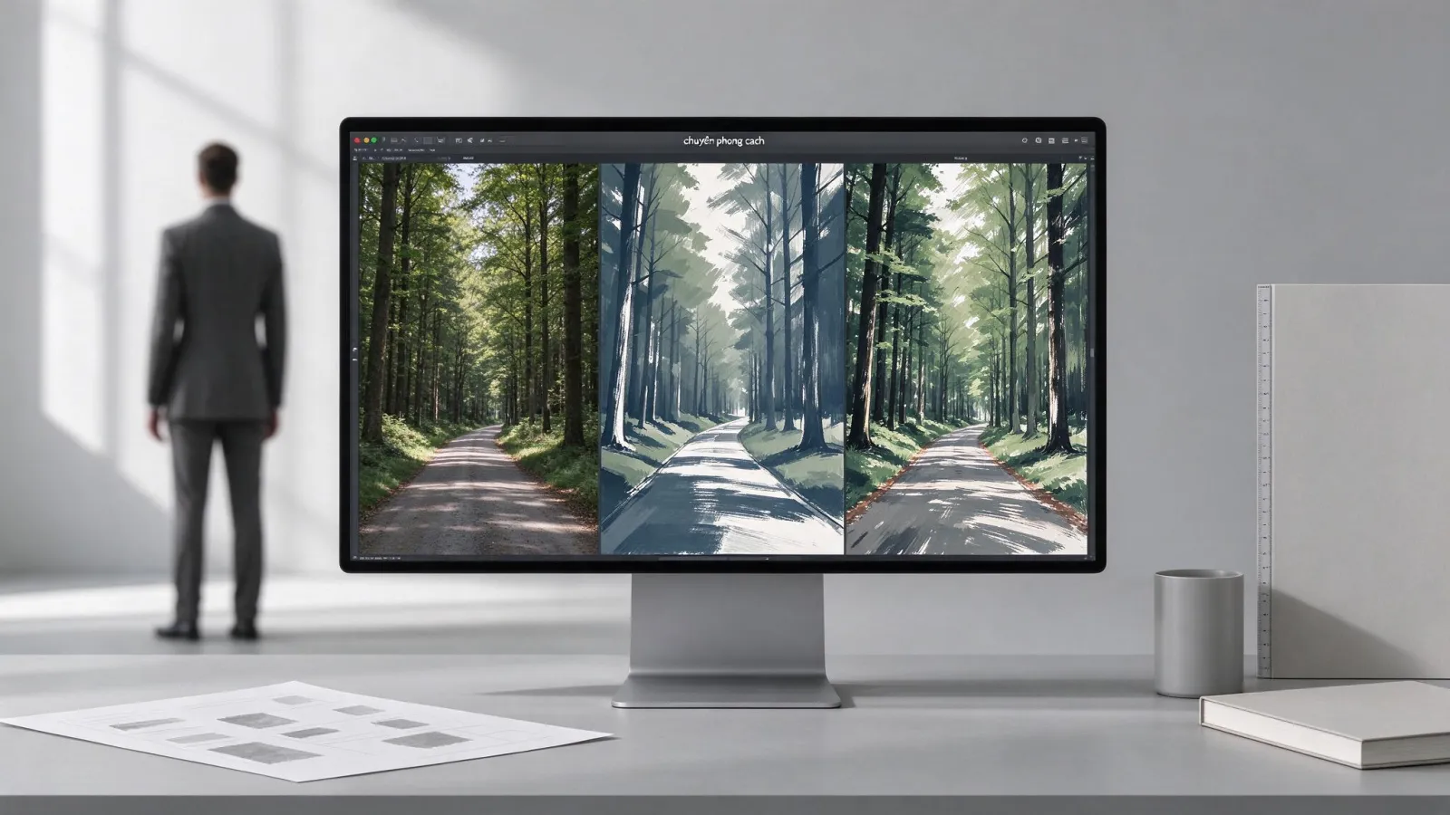 Ảnh minh hoạ Chuyển phong cách (style transfer): ảnh nội dung, ảnh phong cách (tự vẽ) và kết quả chuyển phong cách