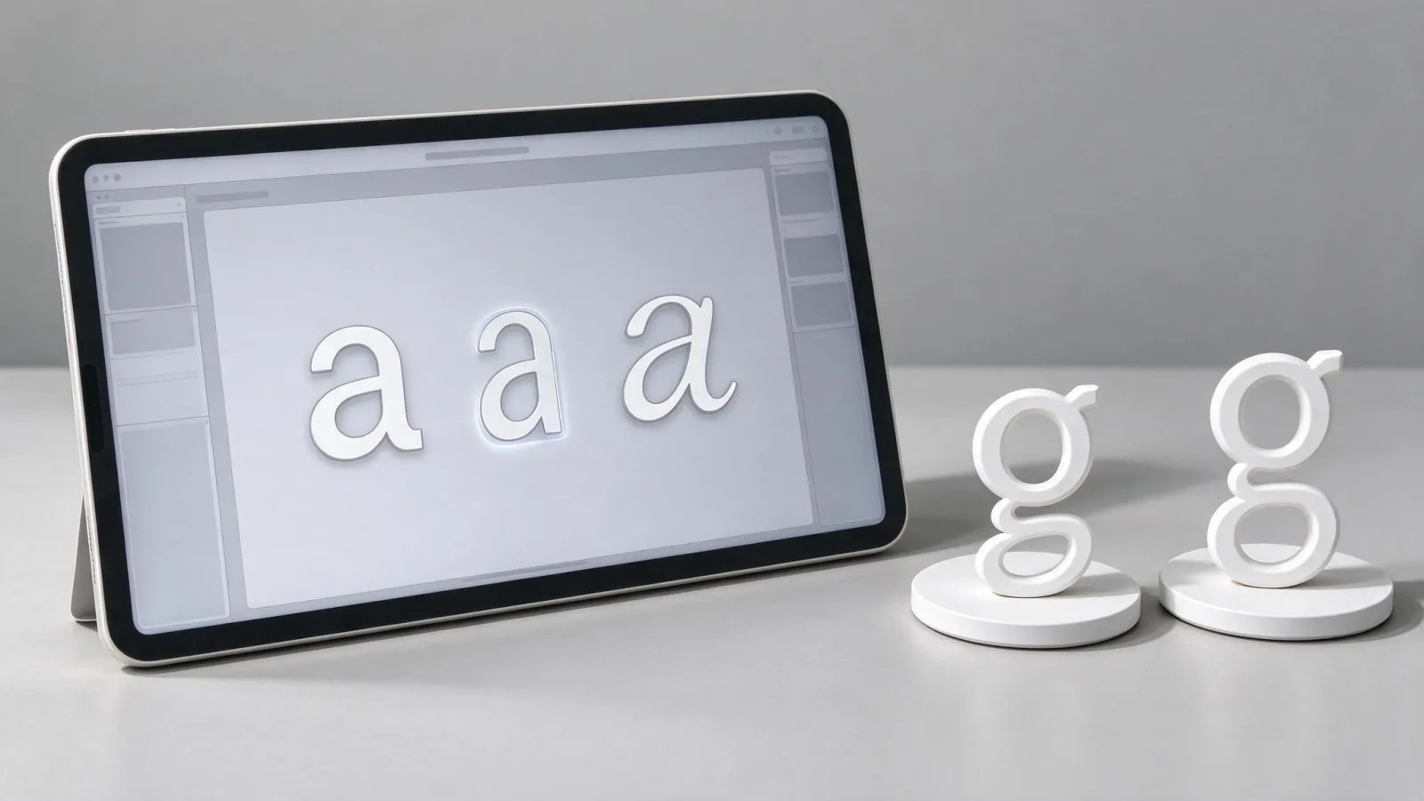 Ảnh minh hoạ Ký tự thay thế (stylistic alternates): ảnh chụp bảng Glyphs với chữ a đang chọn hiện ba phương án thay thế