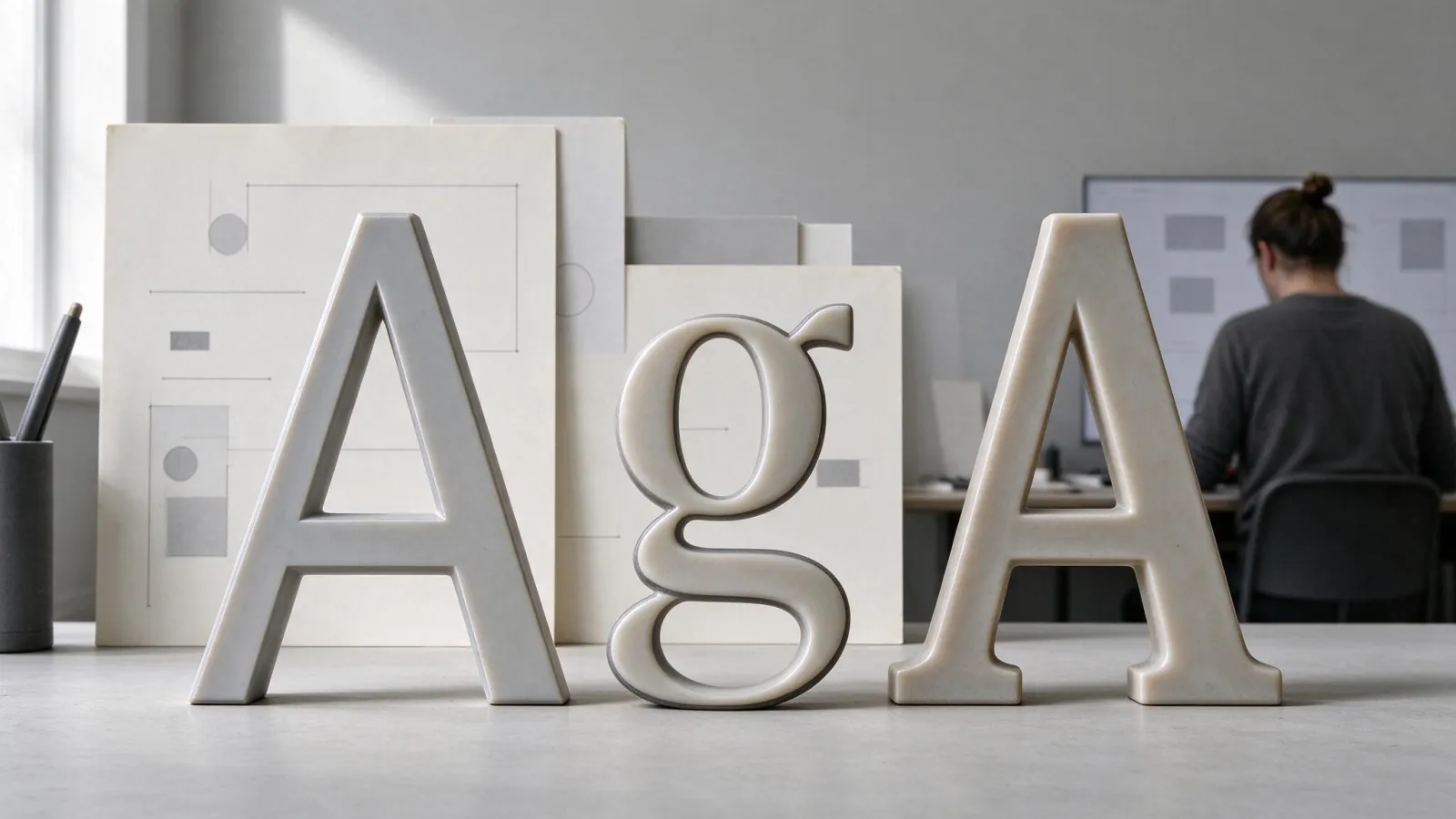 Ảnh minh hoạ Siêu họ font (superfamily): bảng mẫu của một superfamily: cùng câu ở bản Sans, Serif, Slab và Mono, kẻ đường x-height chung để thấy sự đồng bộ