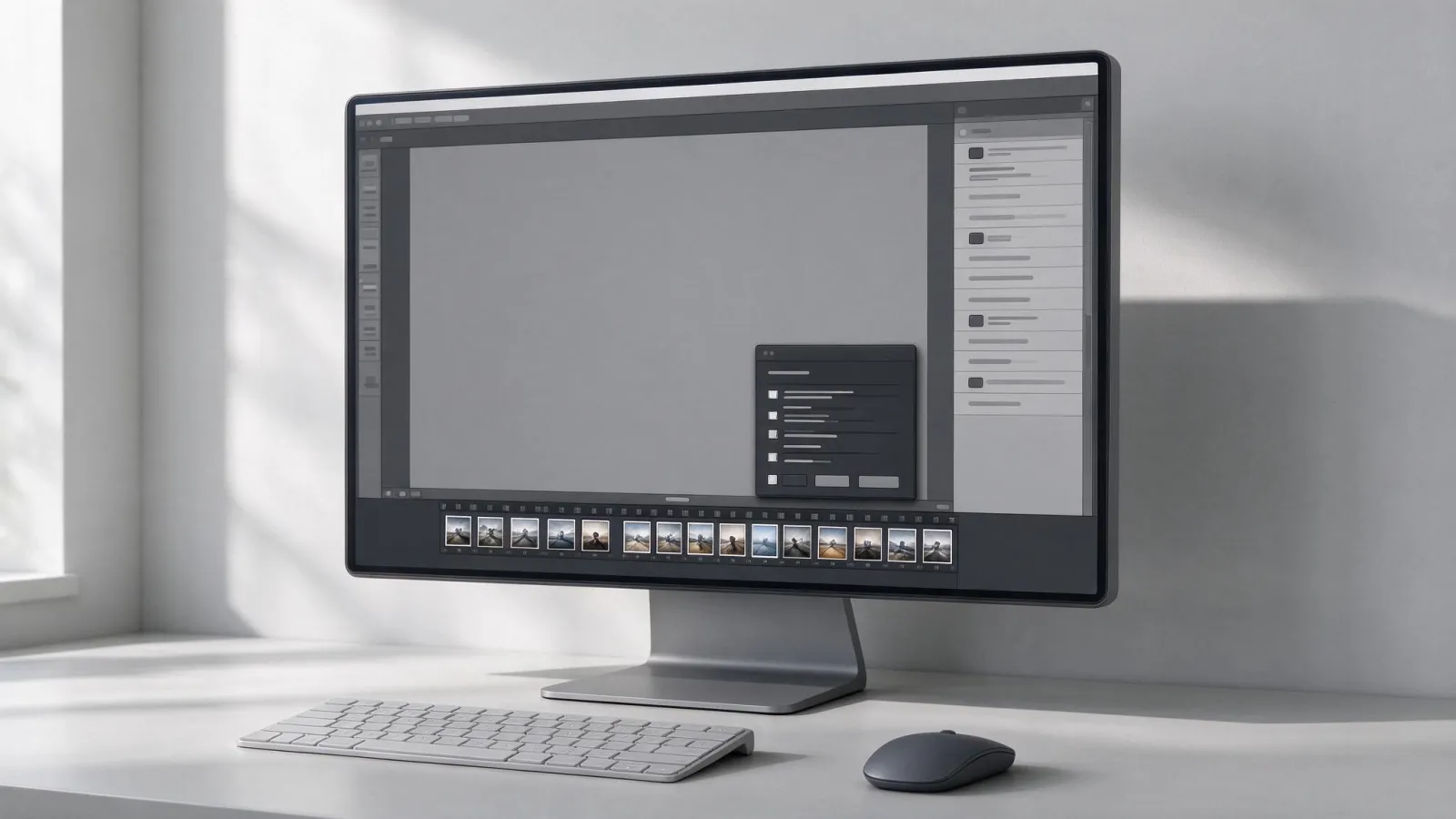 Ảnh minh hoạ Đồng bộ chỉnh sửa (Sync Settings): ảnh chụp màn hình hộp thoại Synchronize Settings trong Lightroom với danh sách thông số được tích, và dải phim nhiều ảnh được chọn