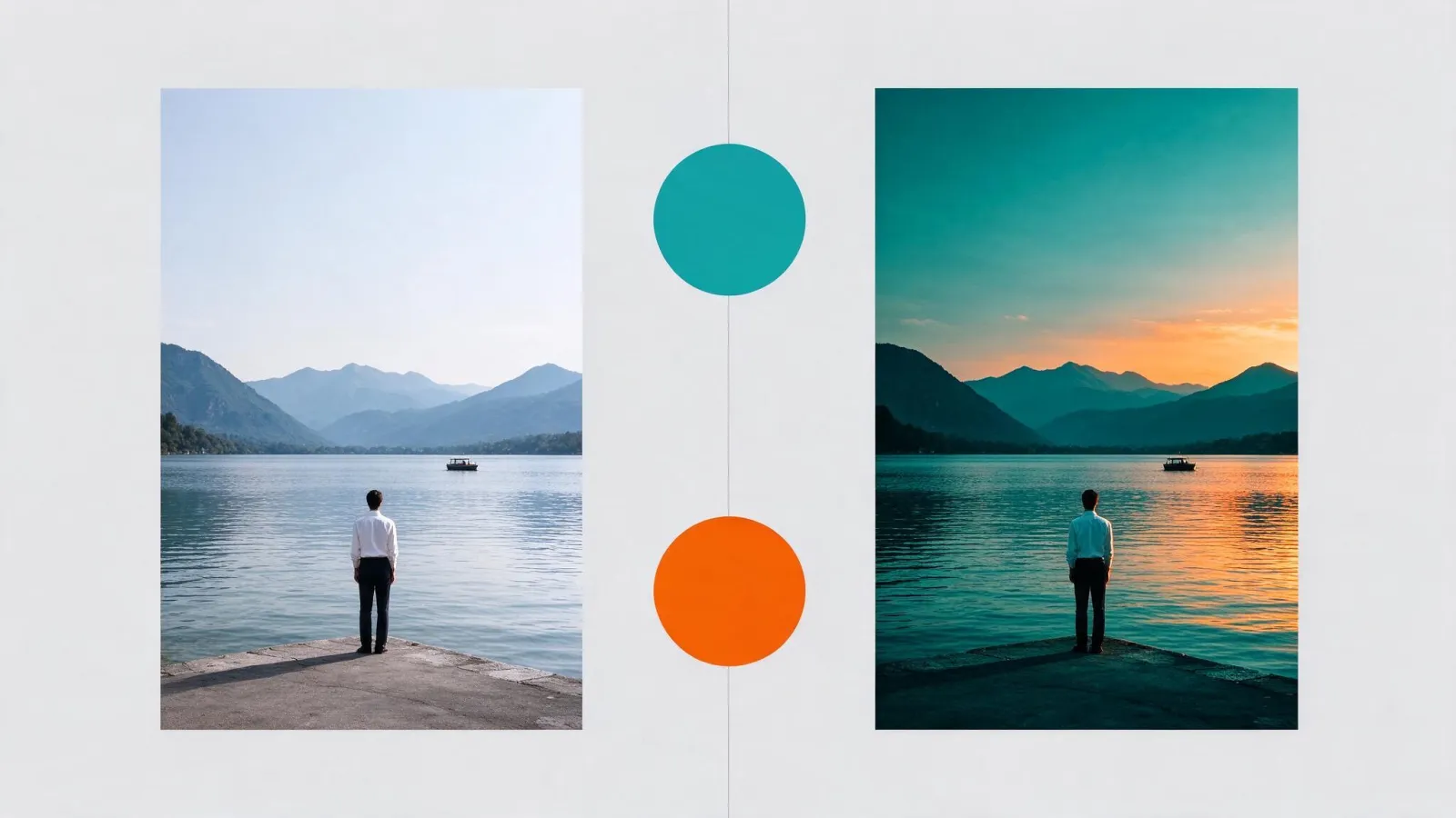 Ảnh minh hoạ Tông màu teal and orange (xanh ngọc, cam): một khung hình trước và sau khi chỉnh teal and orange, kèm vòng tròn màu đánh dấu hai vùng xanh ngọc và cam