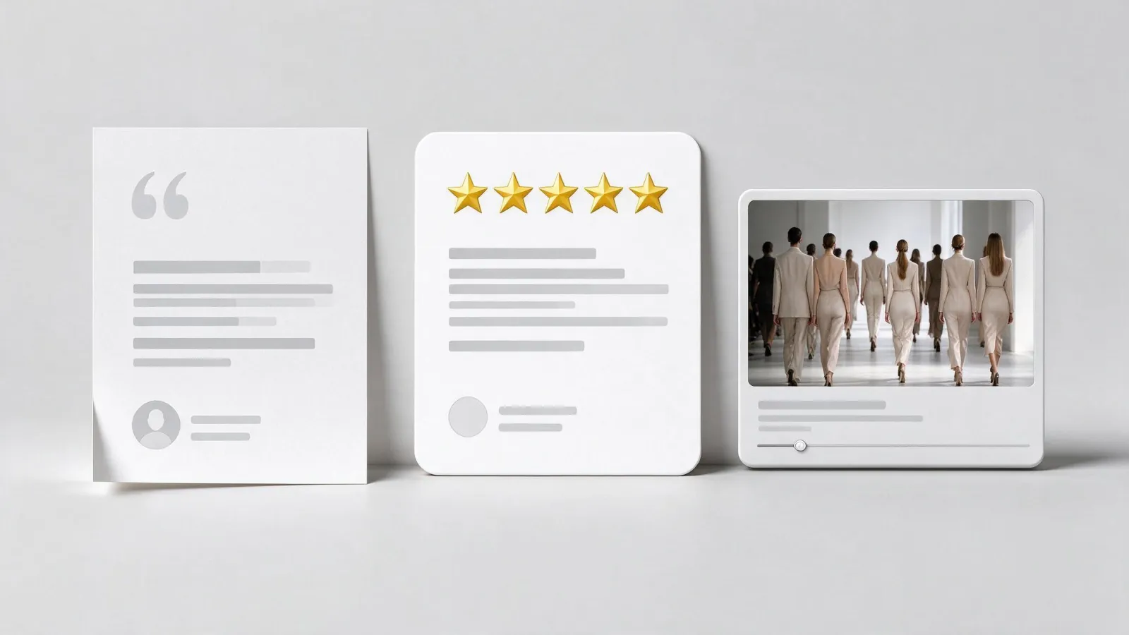 Ảnh minh hoạ Lời chứng thực (testimonial): ba thẻ testimonial thiết kế theo ba kiểu (thẻ trích dẫn, có sao, dạng video) cho thương hiệu giả định