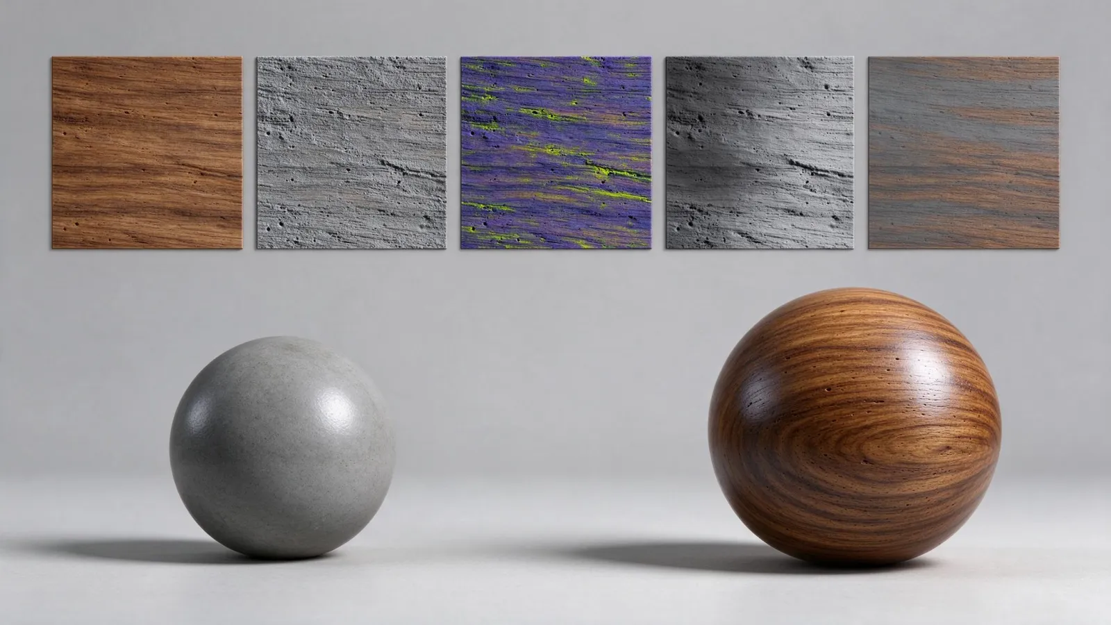 Ảnh minh hoạ Texture map (bản đồ chất liệu): một vật liệu gỗ tách thành các map base color, roughness, normal, AO, và quả cầu render từ chúng