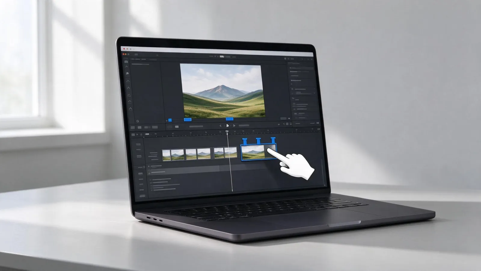 Ảnh minh hoạ Dựng ba điểm (three-point editing): sơ đồ Source Monitor có In/Out và timeline có điểm In, mũi tên đưa đoạn clip vào đúng vị trí