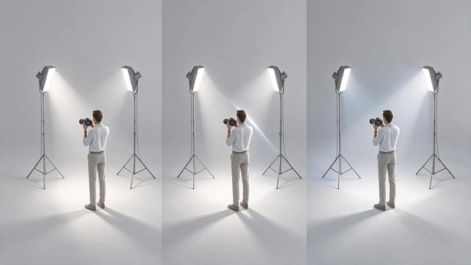 Ảnh minh hoạ Chiếu sáng ba điểm (three-point lighting): sơ đồ nhìn từ trên với ba đèn và một nhân vật 3D render theo từng bước bật đèn