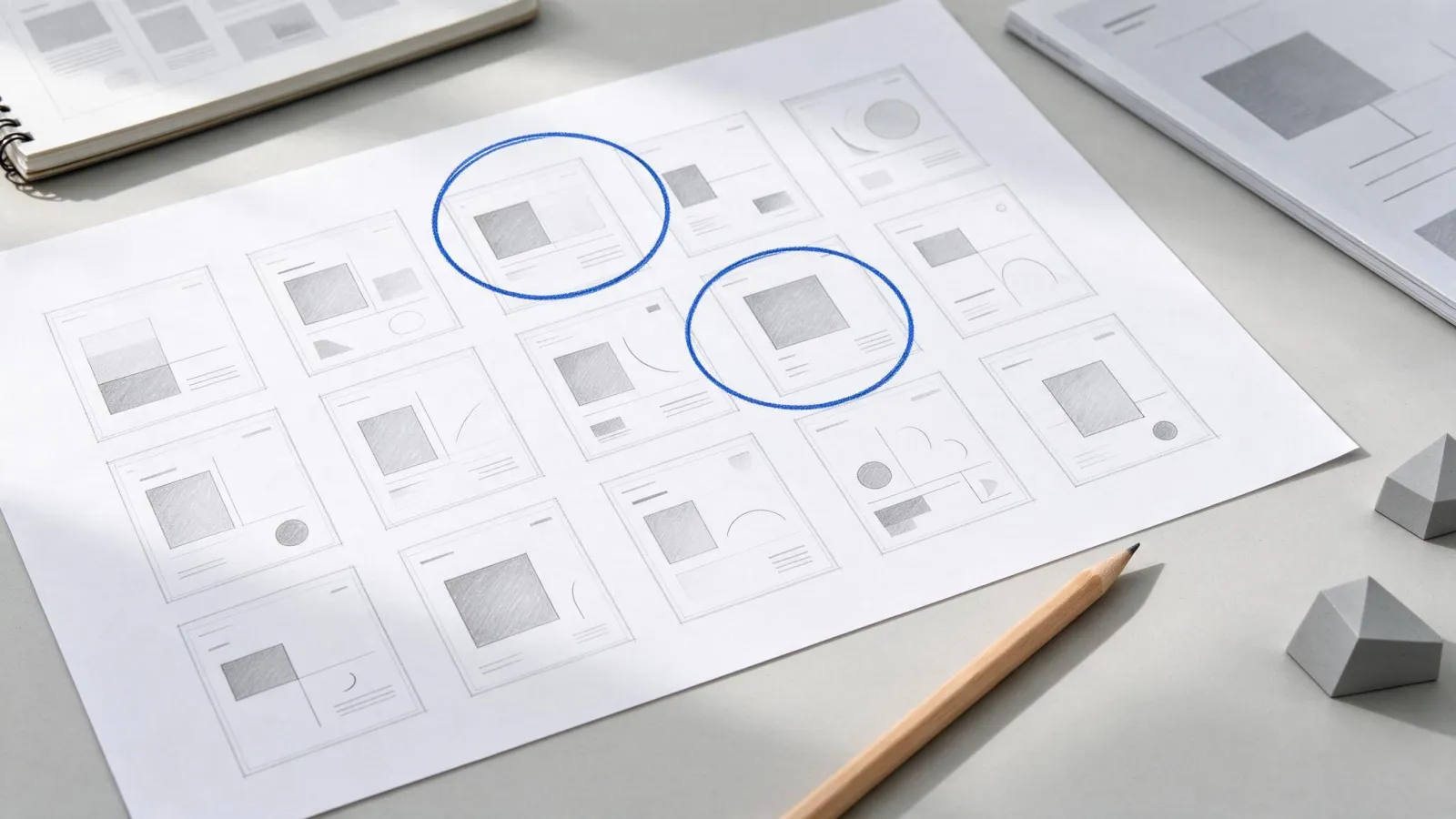 Ảnh minh hoạ Phác thảo nhỏ (thumbnail sketch): một trang 12 thumbnail bố cục poster nhỏ, khoanh tròn 2 cái được chọn