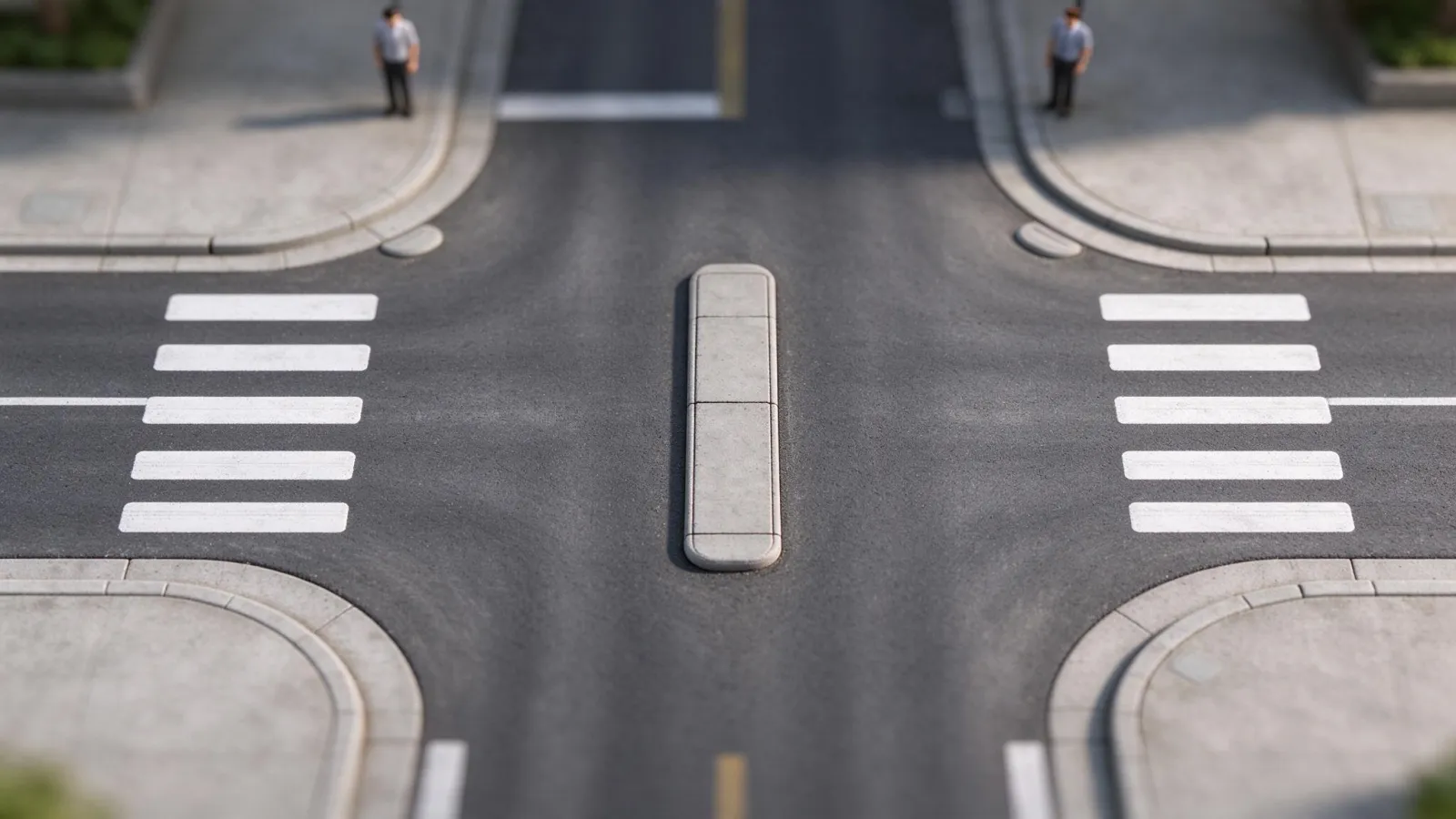 Ảnh minh hoạ Ống kính tilt-shift (hiệu ứng tiểu cảnh): ảnh chụp từ trên cao một ngã tư với dải nét mỏng ở giữa, trên dưới mờ, trông như mô hình đồ chơi