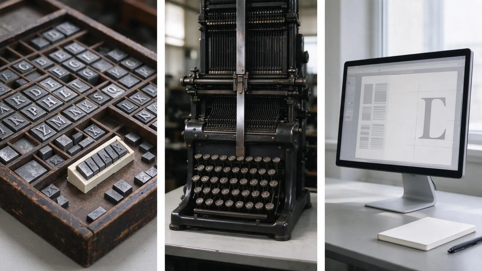 Ảnh minh hoạ Sắp chữ (typesetting): ba ảnh ghép thể hiện lịch sử sắp chữ: khay chữ chì, máy Linotype và màn hình InDesign với một trang tạp chí