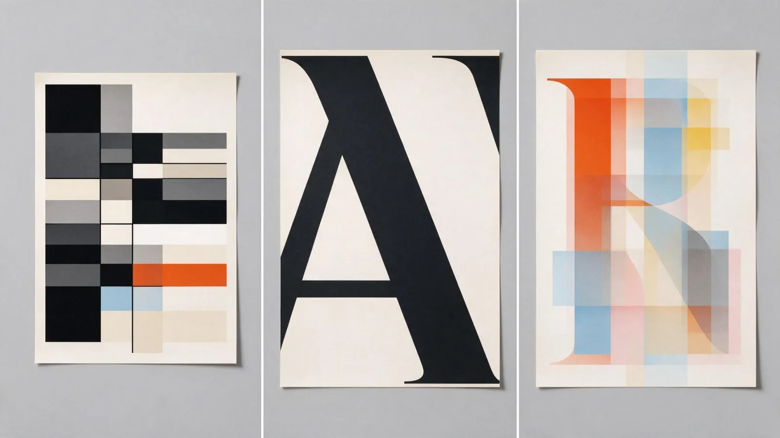 Ảnh minh hoạ Poster chữ (typographic poster): ba poster chữ: một theo lưới Swiss, một với một chữ cái khổng lồ cắt mép giấy, một chữ chồng nhiều lớp màu