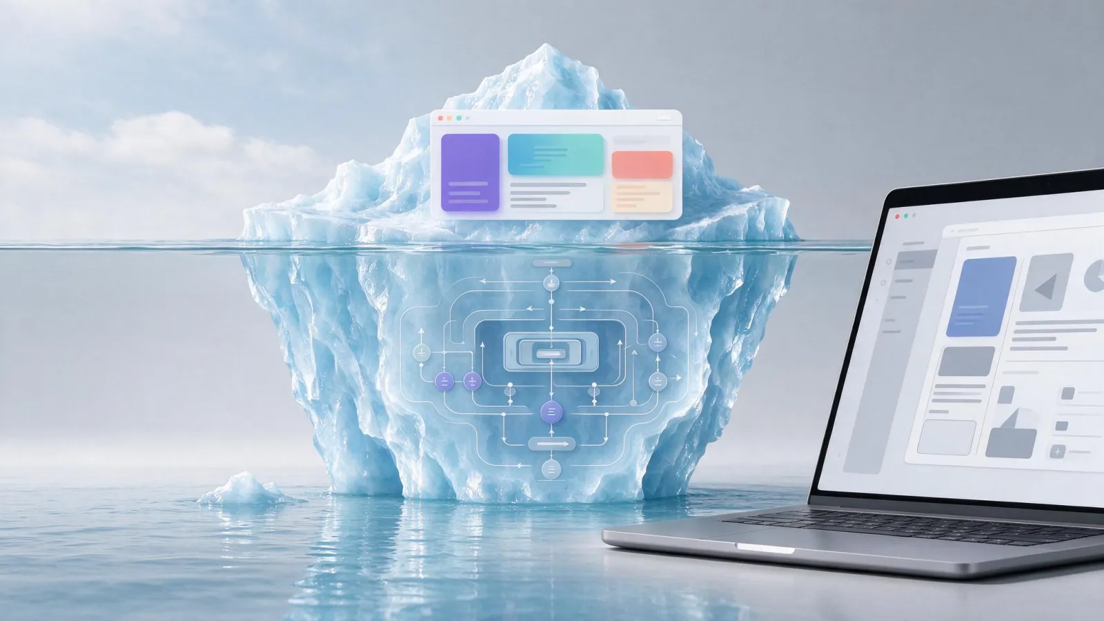 Ảnh minh hoạ UI và UX khác nhau thế nào: tảng băng: phần nổi là UI, phần chìm là UX