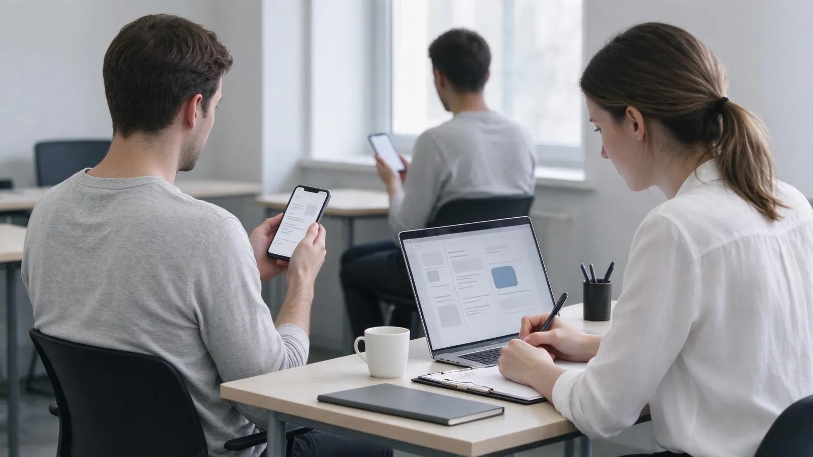 Ảnh minh hoạ Kiểm thử khả dụng (usability testing): ảnh minh hoạ buổi kiểm thử: người dùng với điện thoại, người điều phối, màn hình