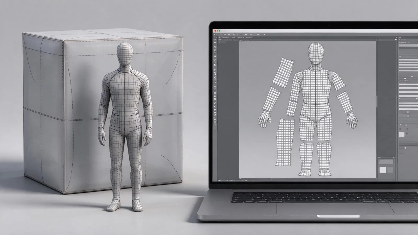 Ảnh minh hoạ UV mapping (trải phẳng UV): một khối lập phương và nhân vật đơn giản với đường seam, bản đồ UV trải phẳng và ảnh ô bàn cờ kiểm tra méo