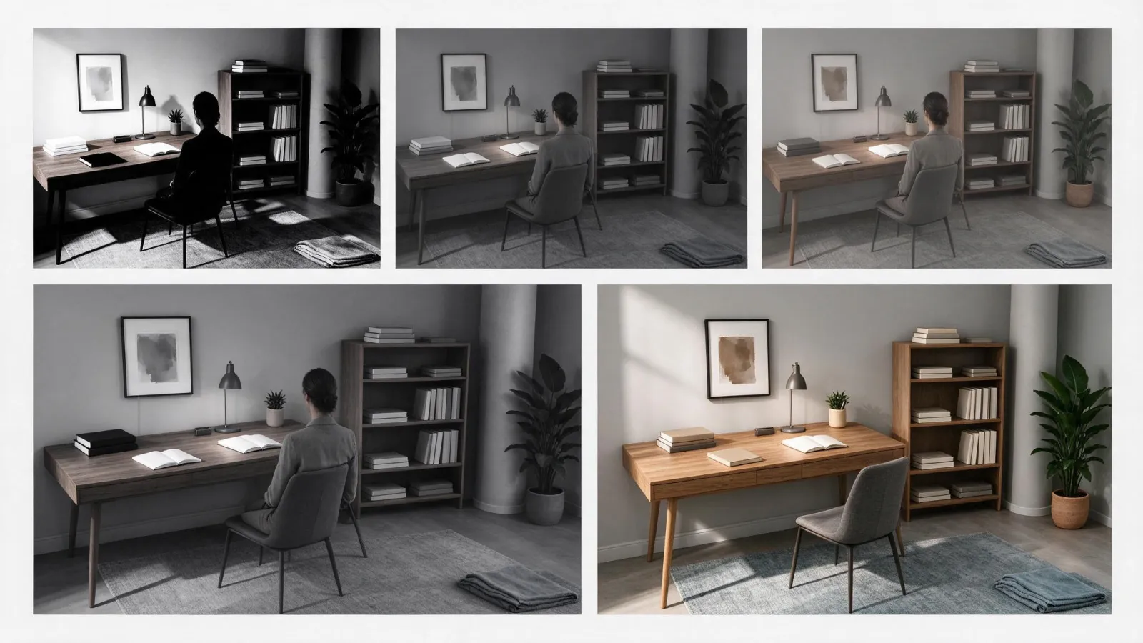 Ảnh minh hoạ Nghiên cứu sáng tối (value study): bốn value study 3 mức xám cho cùng một cảnh và bức tranh màu hoàn chỉnh từ bản được chọn