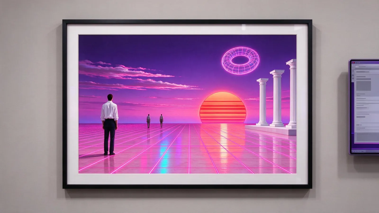Ảnh minh hoạ Vaporwave: một hình nền vaporwave tự thiết kế với lưới neon, mặt trời sọc và gradient hồng tím