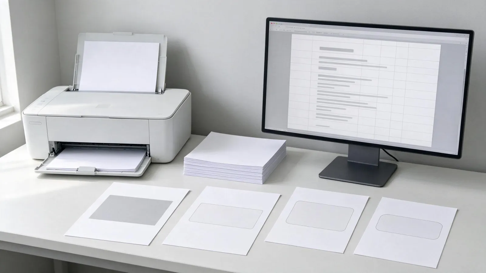 Ảnh minh hoạ In dữ liệu biến đổi (variable data printing): sơ đồ: một bảng Excel danh sách tên đi vào mẫu thiệp có ô tên, ra ba thiệp khác tên