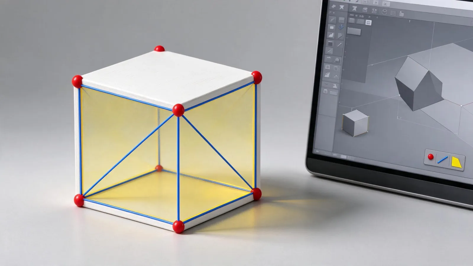 Ảnh minh hoạ Vertex, edge, face (điểm, cạnh, mặt): một khối lập phương với điểm, cạnh, mặt được tô màu riêng, kèm biểu tượng chế độ chọn trong Blender