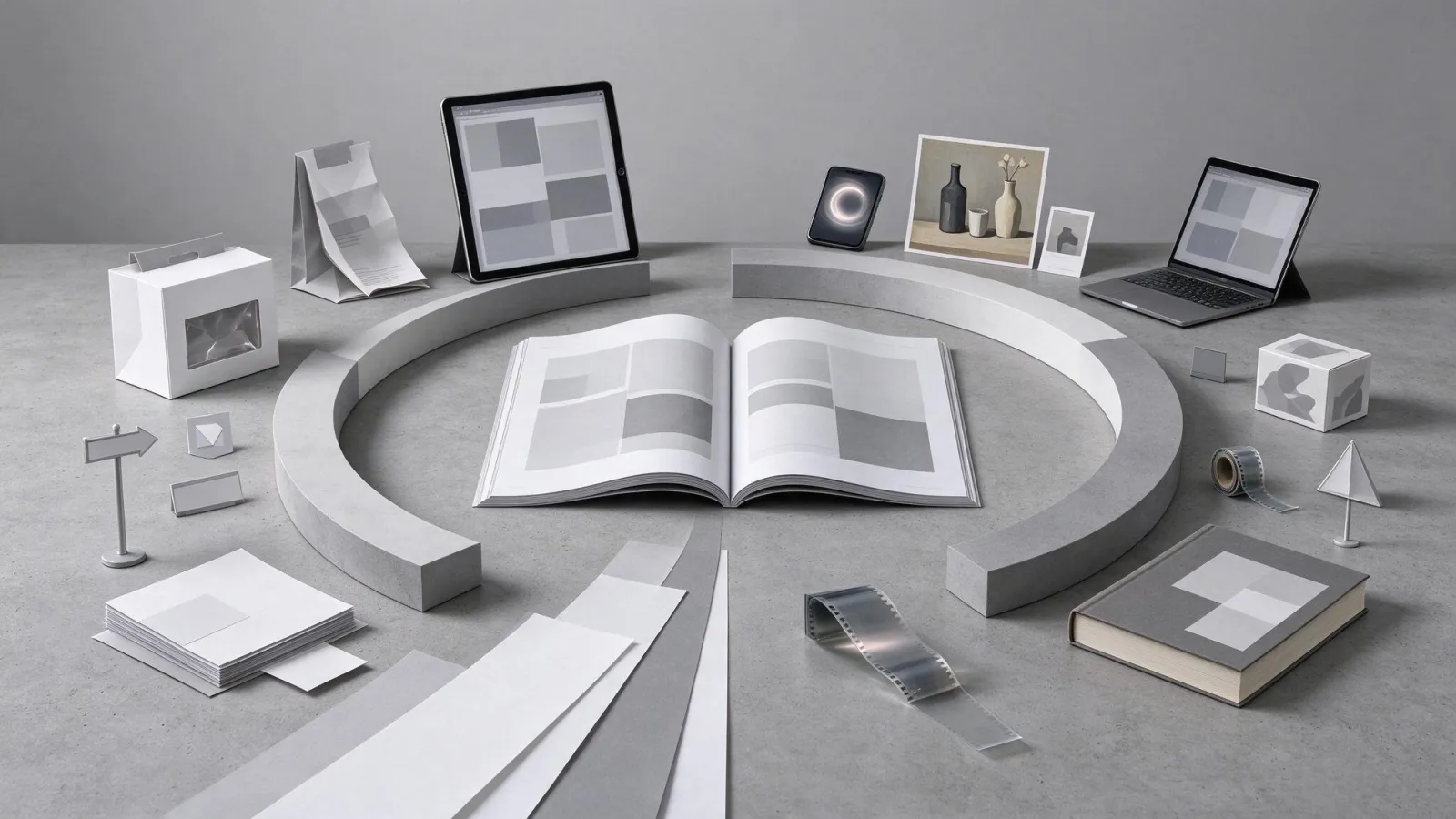 Ảnh minh hoạ Truyền thông thị giác (visual communication): sơ đồ các nhánh của truyền thông thị giác: nhận diện, ấn phẩm, bao bì, giao diện, minh hoạ, motion, biển chỉ dẫn, xếp quanh một trung tâm