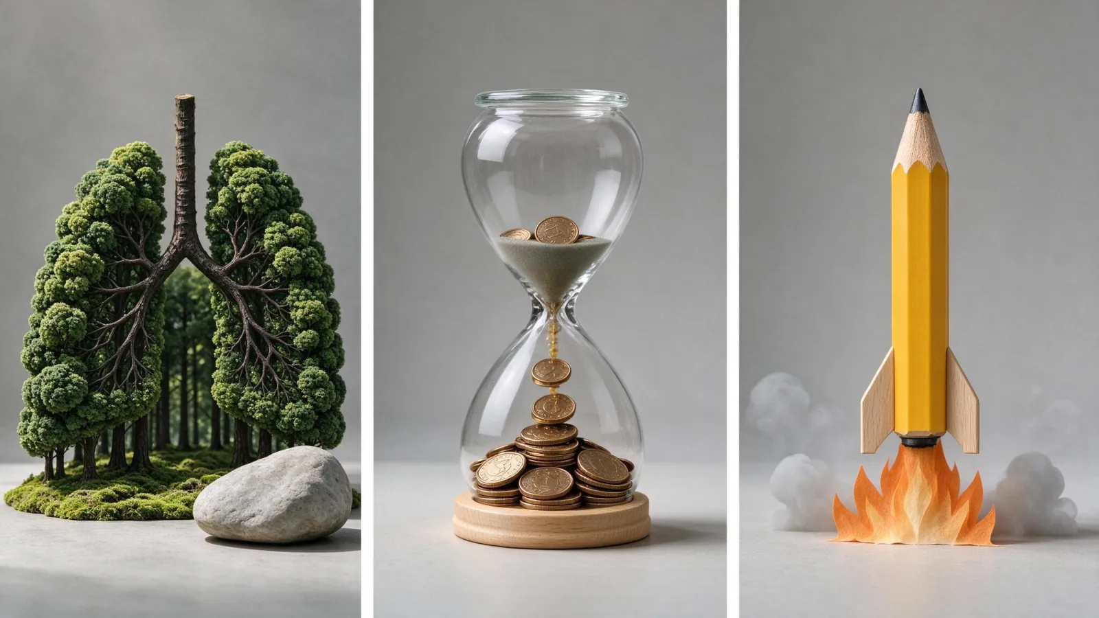 Ảnh minh hoạ Ẩn dụ thị giác (visual metaphor): ba poster ví dụ dùng ẩn dụ thị giác: lá phổi ghép từ tán cây, đồng hồ cát chứa đồng xu, chiếc bút chì thành tên lửa