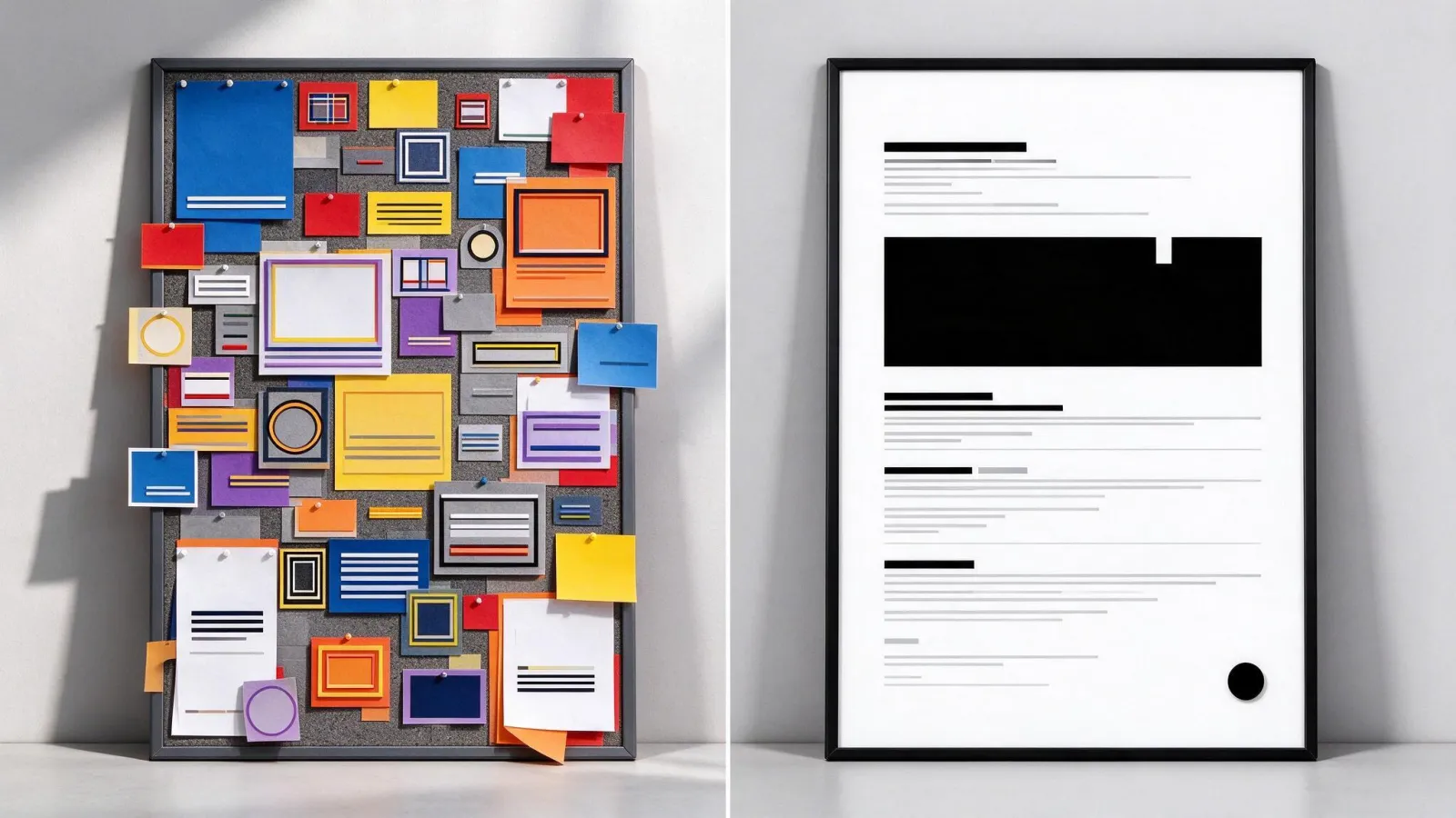 Ảnh minh hoạ Nhiễu thị giác (visual noise): một banner bị nhiễu với nhiều font, viền, đổ bóng, sticker, đặt cạnh bản đã làm sạch chỉ còn một font, hai màu và một điểm nhấn