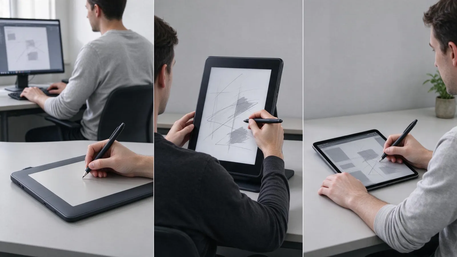 Ảnh minh hoạ Wacom (bảng vẽ điện tử): so sánh bảng vẽ không màn hình, bảng vẽ có màn hình và máy tính bảng với bút, kèm tư thế dùng