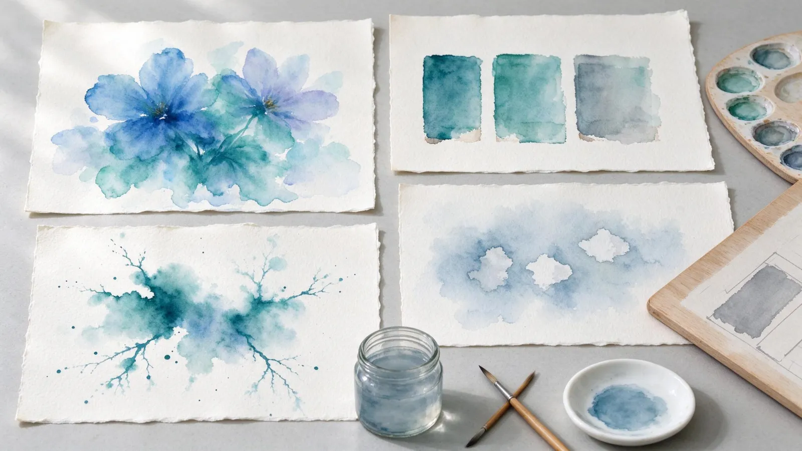 Ảnh minh hoạ Màu nước (watercolor): bảng mẫu các kỹ thuật màu nước (ướt trên ướt, ướt trên khô, loang, nhấc màu) tự vẽ