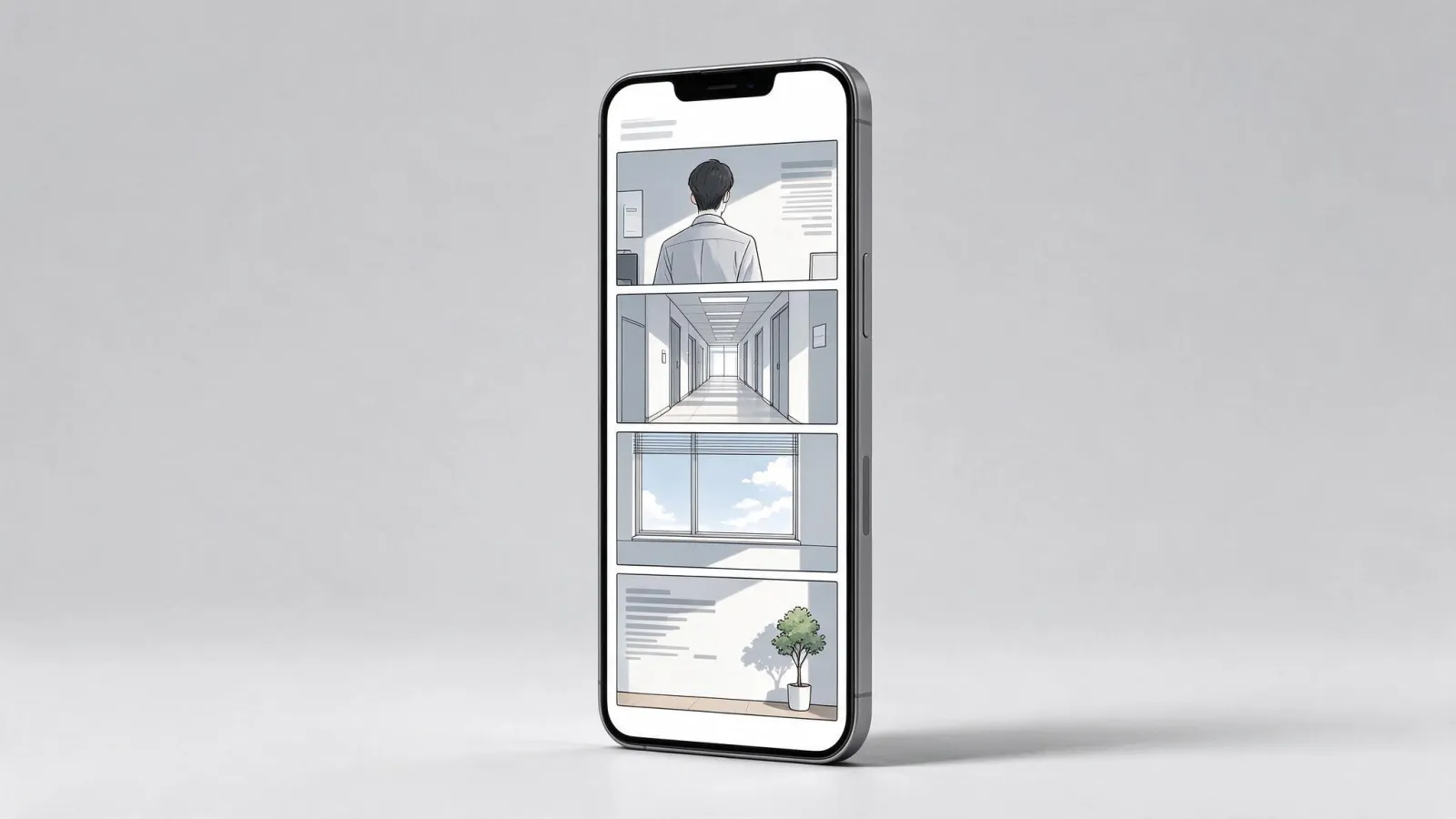 Ảnh minh hoạ Webtoon: một dải webtoon dọc tự vẽ trên khung điện thoại
