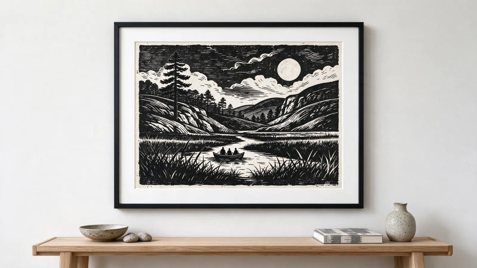 Ảnh minh hoạ Tranh khắc gỗ (woodcut): ảnh một bản khắc linocut tự làm, bản in ra giấy, và một minh hoạ số mô phỏng phong cách khắc gỗ